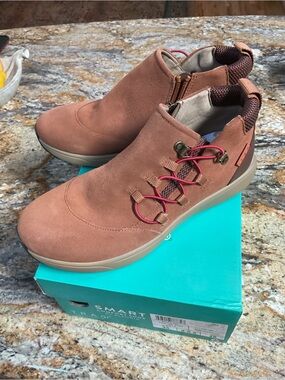 Alegria Women's Suede Ankle Booties in Rust with Pink Lace Accents